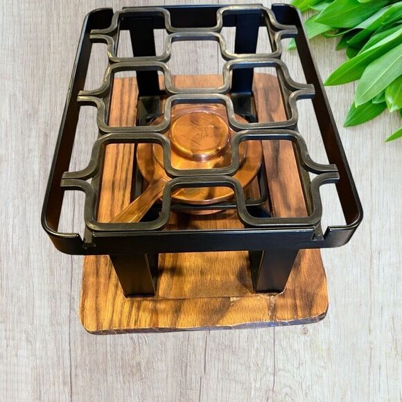 Vintage Spring Swiss Food Warmer Wrought Iron and Copper with Wooden Carved Bas - Picture 8 of 12